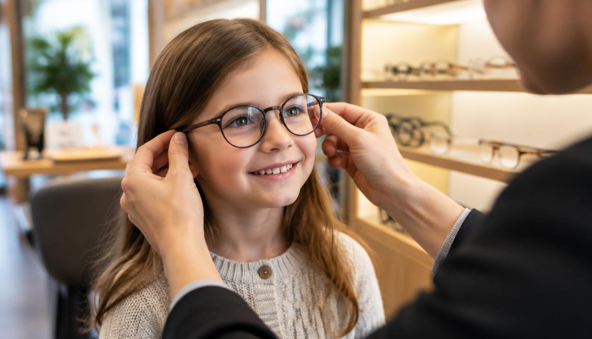 Enfant essayant des lunettes chez l'opticien